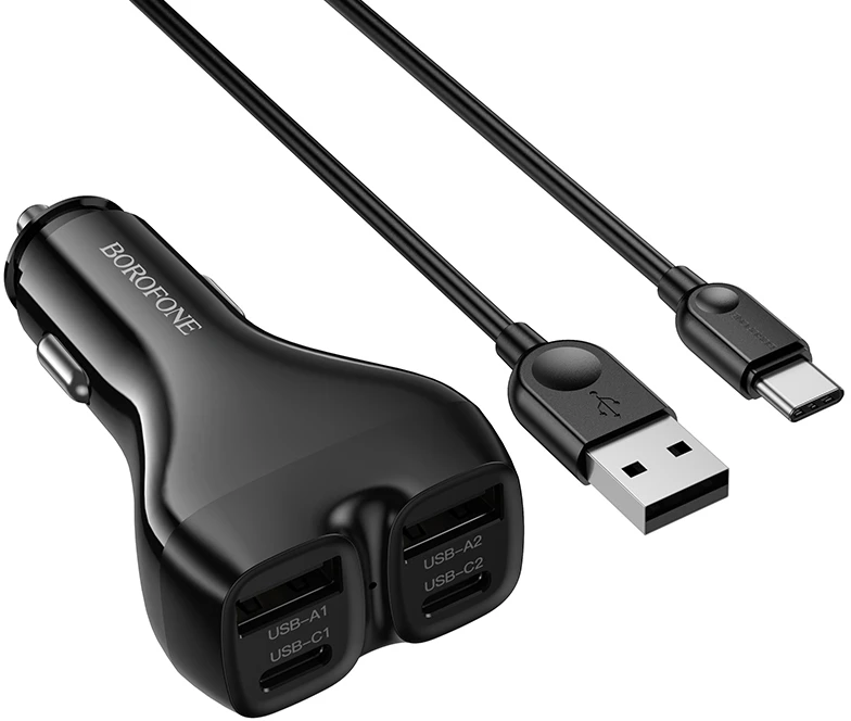 Borofone automobilinis įkroviklis BZ35 Leader – 2 x C tipo + 2 x USB – PD 30W su USB į C tipo kabeliu, juodos spalvos