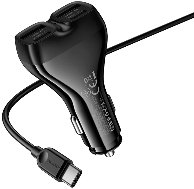 Borofone automobilinis įkroviklis BZ35 Leader – 2 x Typ C + 2 x USB – PD 30W su kabeliu USB į Typ C juodos spalvos