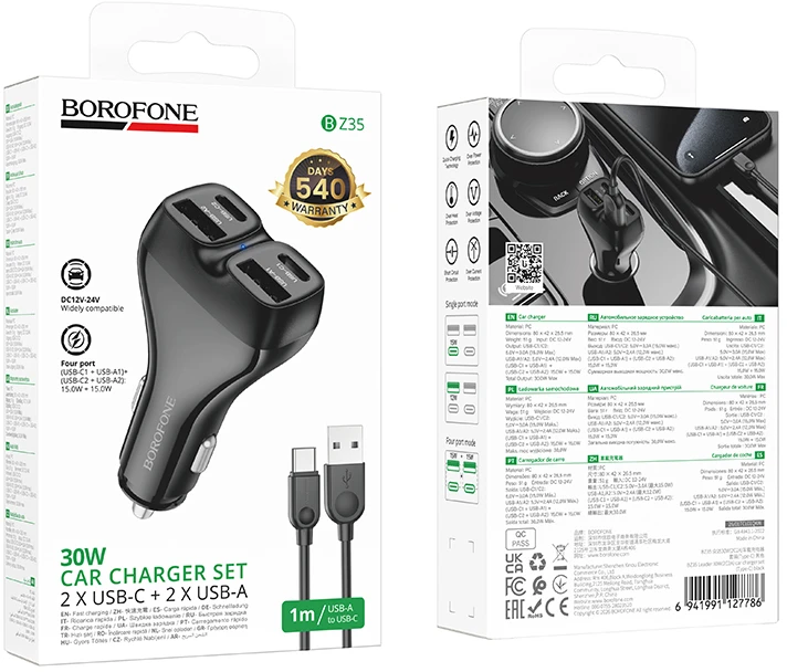 Borofone automobilinis įkroviklis BZ35 Leader – 2 x Typ C + 2 x USB – PD 30W su kabeliu USB į Typ C juodos spalvos