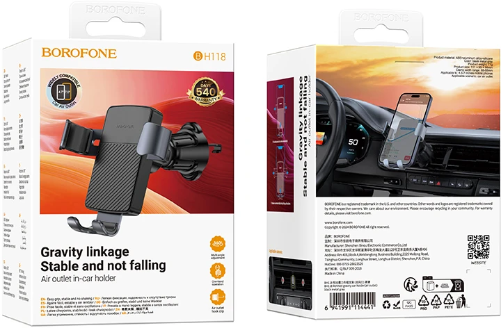 „Borofone“ automobilinis laikiklis BH118. Rafinuotas gravitacijos ventiliacijos angos juodas.