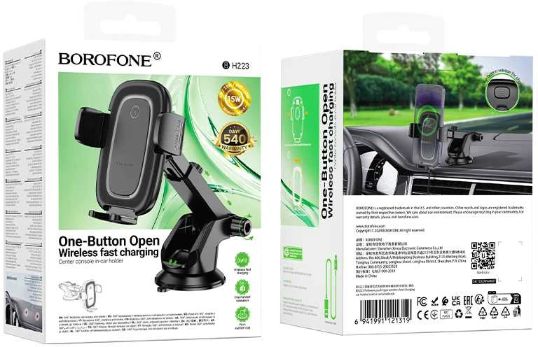 Borofone automobilinis laikiklis BH223 Follower su belaidžiu įkrovimu juodos spalvos