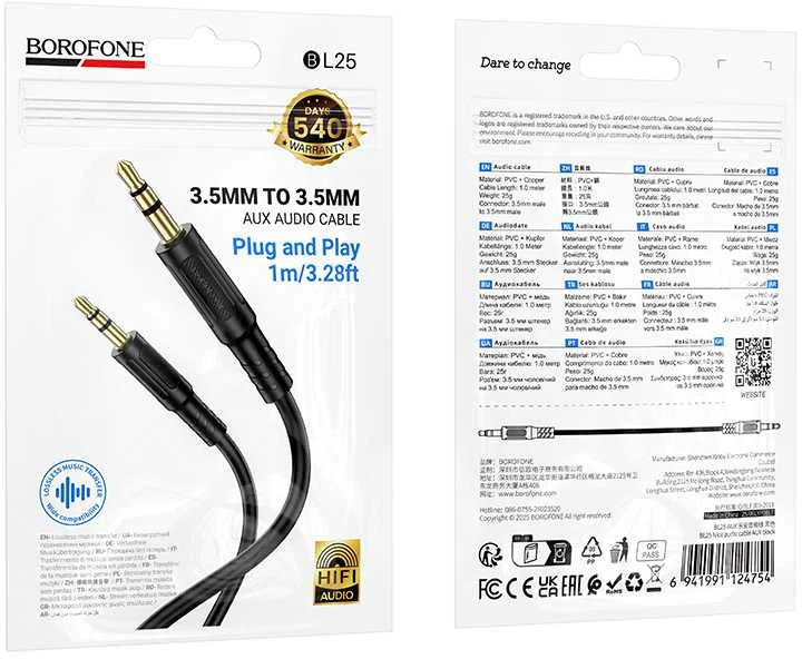 Borofone Cable AUX BL25 Nice – jack 3,5mm to jack 3,5mm – 1 metre juodos spalvos