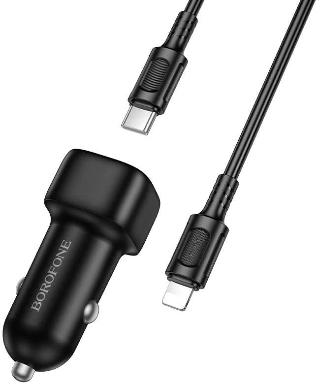 „Borofone“ automobilinis įkroviklis BZ34B „Cloud“ – USB + C tipo – QC 3.0 PD 38W su C tipo į „Lightning“ laidu, juodas