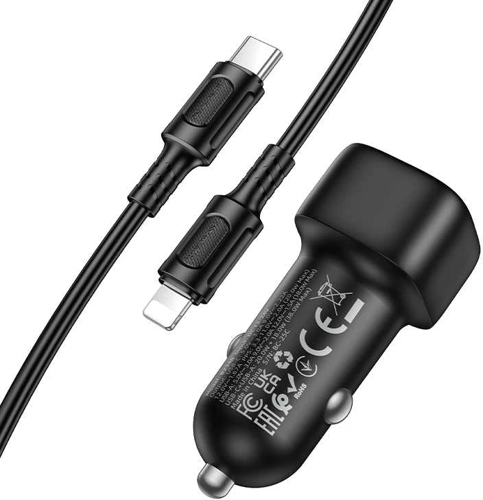 „Borofone“ automobilinis įkroviklis BZ34B „Cloud“ – USB + C tipo – QC 3.0 PD 38W su C tipo į „Lightning“ laidu, juodas