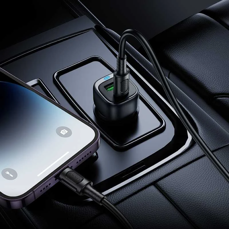 „Borofone“ automobilinis įkroviklis BZ34B „Cloud“ – USB + C tipo – QC 3.0 PD 38W su C tipo į „Lightning“ laidu, juodas