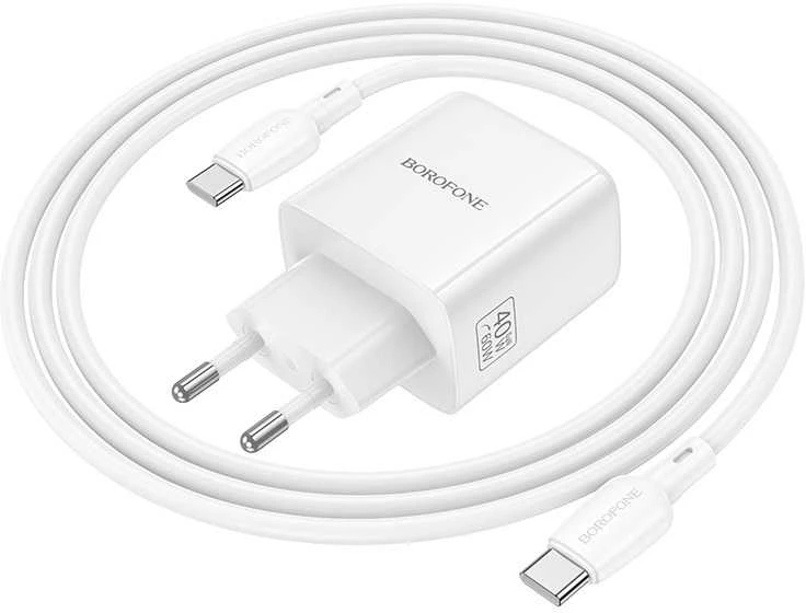 Borofone Įkroviklis jungiama į tinklą BN33 Fuente GaN Typ C – QC3.0 PD 40W su cable Type C to Type C baltos spalvos