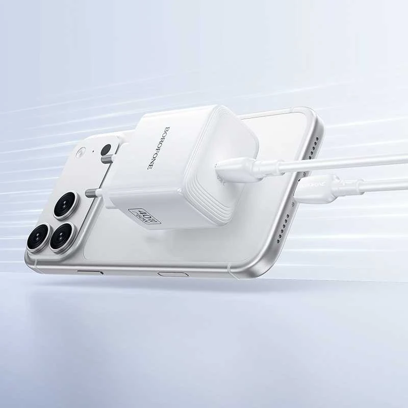 Borofone Įkroviklis jungiama į tinklą BN33 Fuente GaN Typ C – QC3.0 PD 40W su cable Type C to Type C baltos spalvos