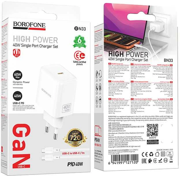 Borofone Įkroviklis jungiama į tinklą BN33 Fuente GaN Typ C – QC3.0 PD 40W su cable Type C to Type C baltos spalvos