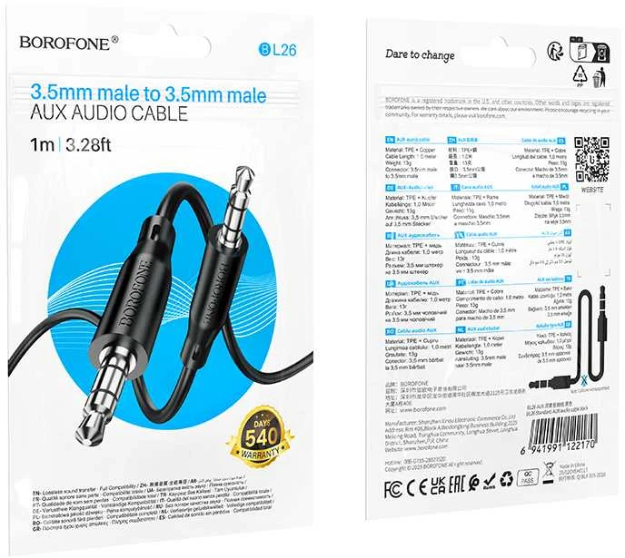 Borofone Kabelis AUX BL26 Standard – jack 3,5mm na jack 3,5mm – 1 metr juodos spalvos