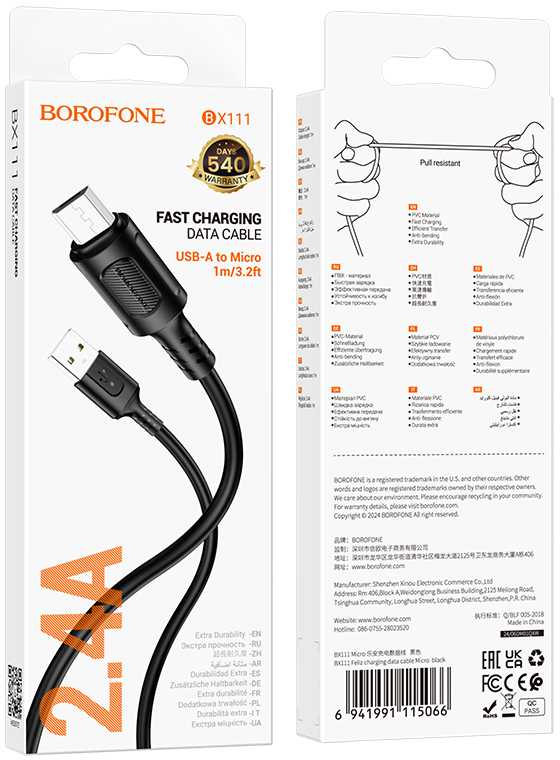 Borofone Kabelis BX111 Feliz – USB į Micro USB – 2,4A 1 metras juodos spalvos