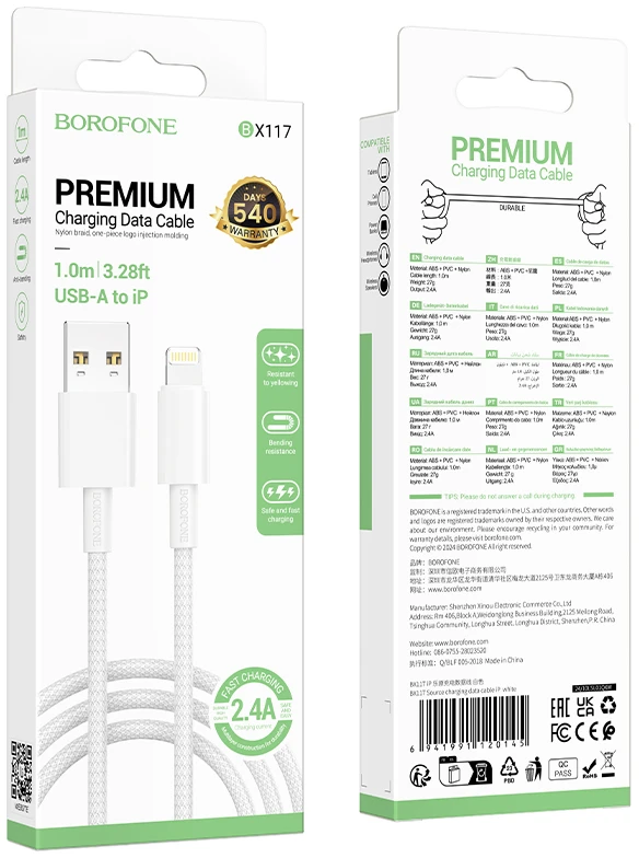USB kabelis Borofone BX117 USB-A į Lightning 1,0 m baltas