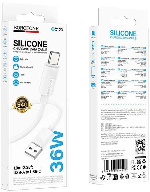 Borofone kabelis BX123 Leya – USB į Type-C – 36W 3A 1 m baltas