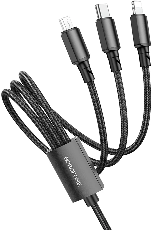 Borofone Kabelis BX72 3 viename – USB į C tipo, „Micro USB“, „Lightning“ – 2A 1 metras juodas