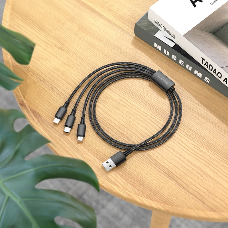Borofone Kabelis BX72 3 viename – USB į C tipo, „Micro USB“, „Lightning“ – 2A 1 metras juodas