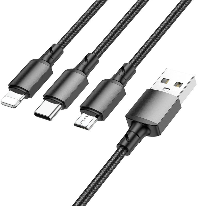Borofone Kabelis BX72 3 viename – USB į C tipo, „Micro USB“, „Lightning“ – 2A 1 metras juodas