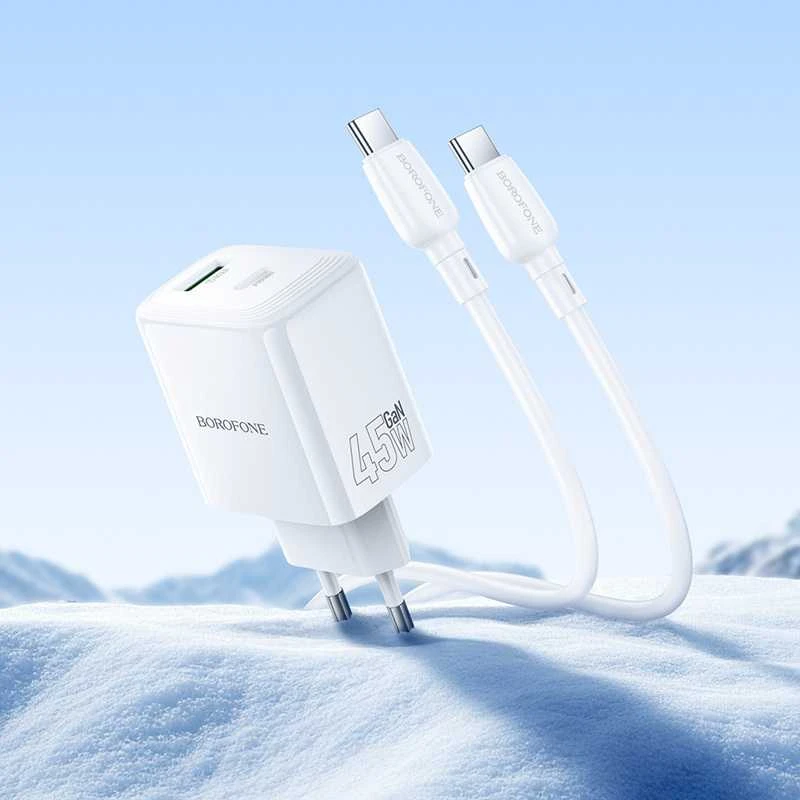 Borofone kelioninis įkroviklis BN30 Cargador GaN – USB + Type C – QC 3.0 PD 45W with Type C to Type C cable baltos spalvos