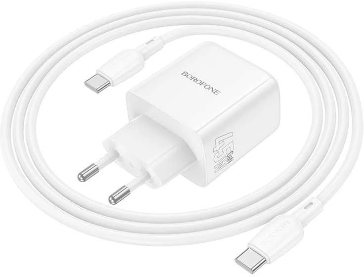 Borofone kelioninis įkroviklis BN30 Cargador GaN – USB + Type C – QC 3.0 PD 45W with Type C to Type C cable baltos spalvos