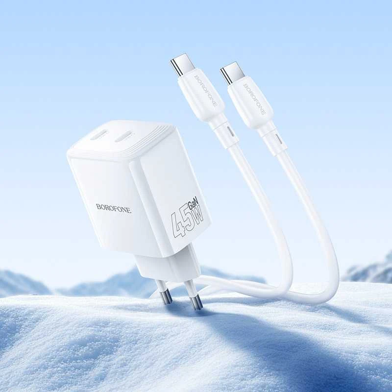 Borofone kelioninis įkroviklis BN31 Cargador GaN – 2xType C – QC 3.0 PD 45W su Type C į Type C laidu, baltos spalvos