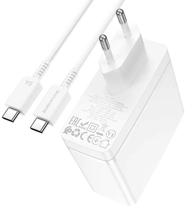 Borofone Laidinis įkroviklis BN11 Imperial – USB + 2xType C – QC 3.0 PD 100W su Type C į Type C kabeliu baltos spalvos
