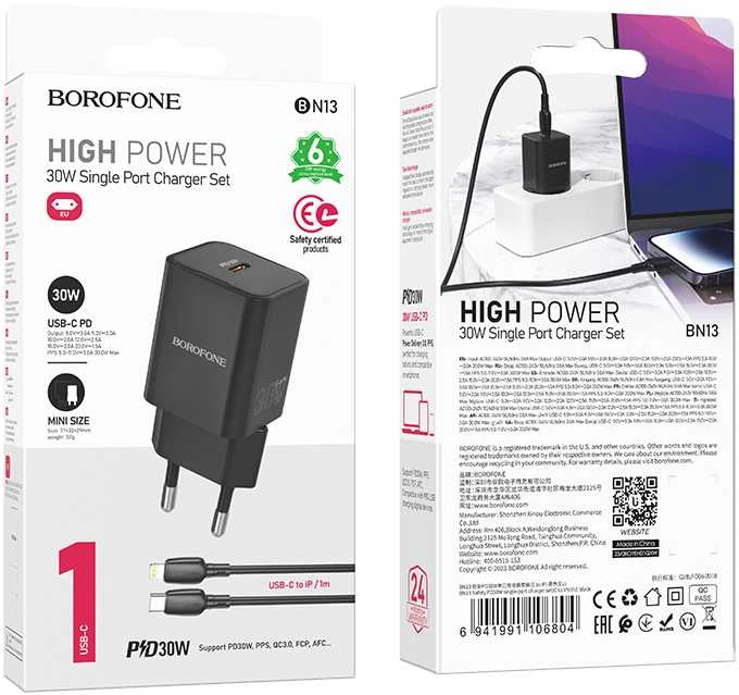 Borofone Laidinis įkroviklis BN13 Safety GaN – Type C – PD 30W su Type C į Lightning kabeliu juodos spalvos