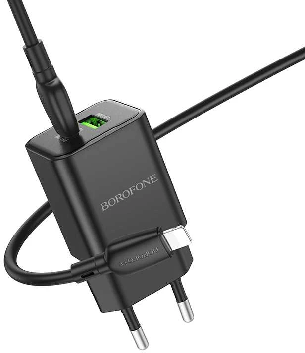 Borofone Laidinis įkroviklis BN14 Royal GaN – USB + Type C – QC 3.0 PD 30W su Type C į Lightning kabeliu juodos spalvos