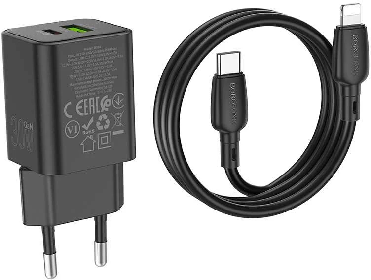Borofone Laidinis įkroviklis BN14 Royal GaN – USB + Type C – QC 3.0 PD 30W su Type C į Lightning kabeliu juodos spalvos