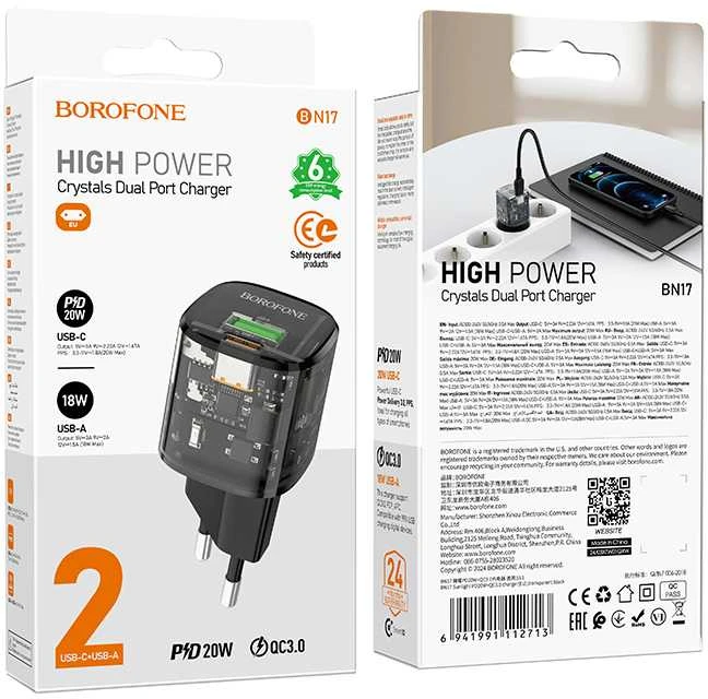 Borofone Laidinis įkroviklis BN17 Sunlight – USB + Type C – QC 3.0 PD 20W 3A juodos spalvos