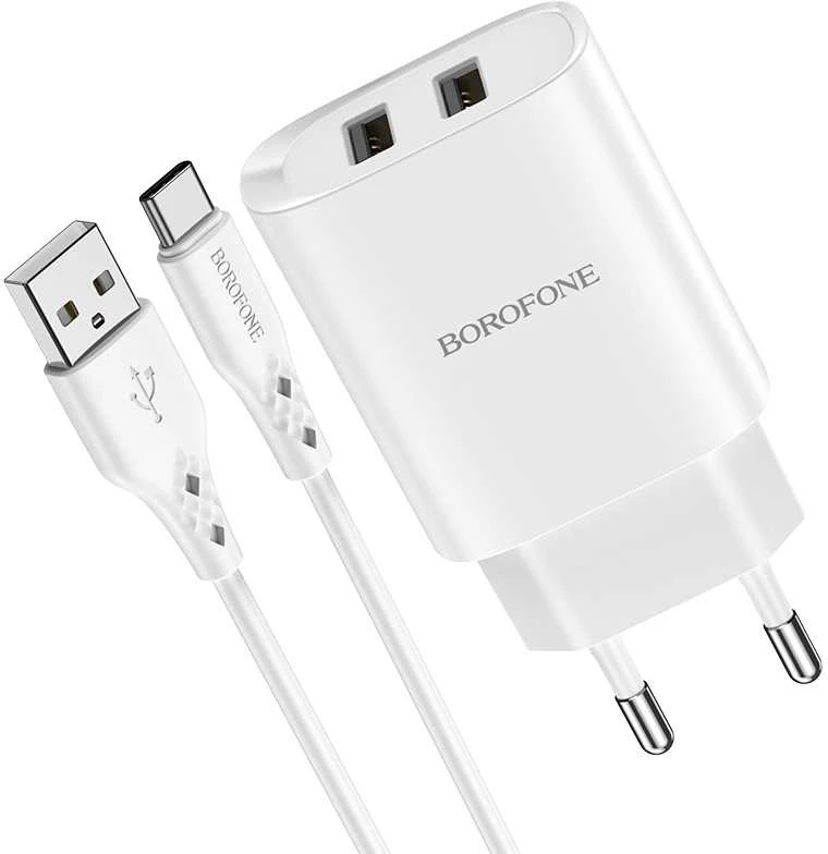 Įkroviklis Borofone BN2 2xUSB 2.1A + USB Type-C, baltas