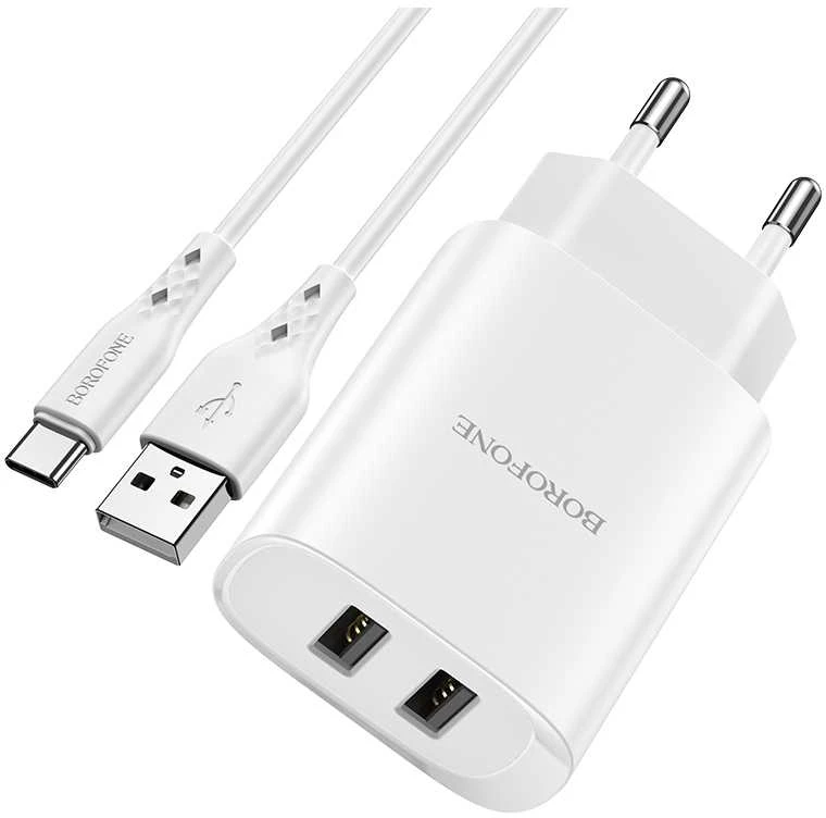 Įkroviklis Borofone BN2 2xUSB 2.1A + USB Type-C, baltas