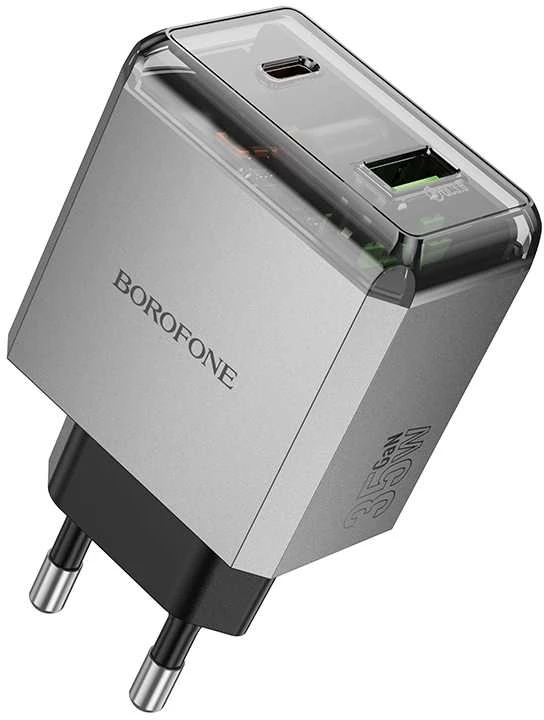 Borofone laidinis įkroviklis BN20 Lena – USB + Type C – PD 35W pilkos spalvos