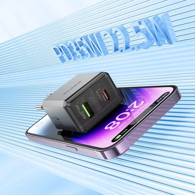 Borofone laidinis įkroviklis BN20 Lena – USB + Type C – PD 35W pilkos spalvos