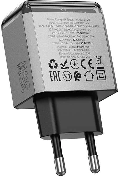 Borofone laidinis įkroviklis BN20 Lena – USB + Type C – PD 35W pilkos spalvos