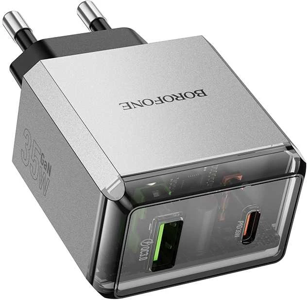 Borofone laidinis įkroviklis BN20 Lena – USB + Type C – PD 35W pilkos spalvos