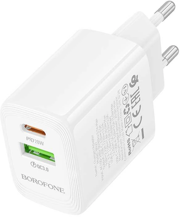 Borofone laidinis įkroviklis BN27 Fuente – USB + Type C – QC 3.0 PD 20W baltos spalvos
