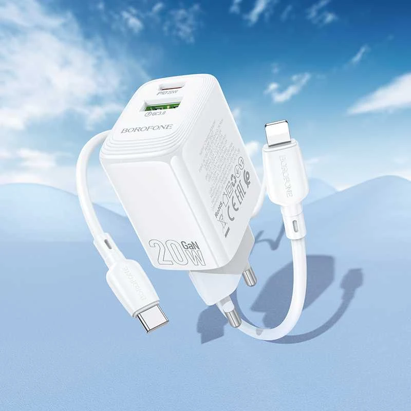 Borofone laidinis įkroviklis BN27 Fuente – USB + Type C – QC 3.0 PD 20W su Type C į Lightning kabeliu baltos spalvos