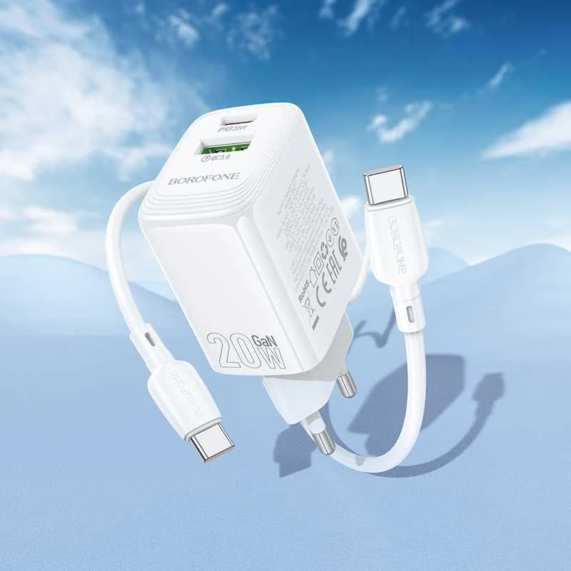 Borofone laidinis įkroviklis BN27 Fuente – USB + Type C – QC 3.0 PD 20W su Type C į Type C kabeliu baltos spalvos