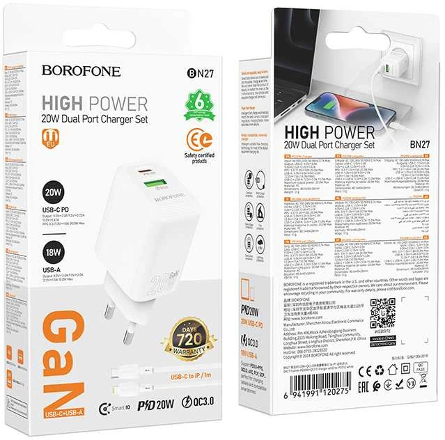 Borofone laidinis įkroviklis BN27 Fuente – USB + Type C – QC 3.0 PD 20W su Type C į Lightning kabeliu baltos spalvos