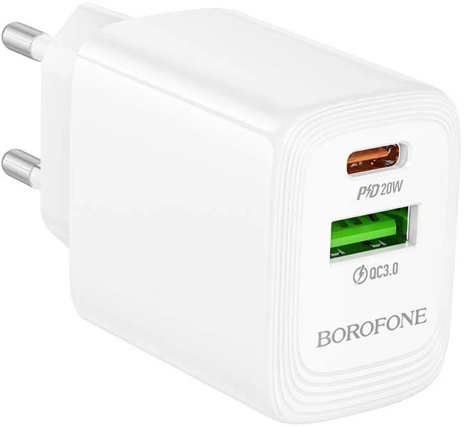 Borofone laidinis įkroviklis BN27 Fuente – USB + Type C – QC 3.0 PD 20W baltos spalvos
