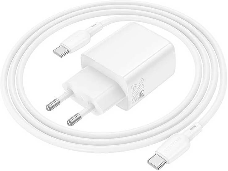 Borofone laidinis įkroviklis BN27 Fuente – USB + Type C – QC 3.0 PD 20W su Type C į Type C kabeliu baltos spalvos
