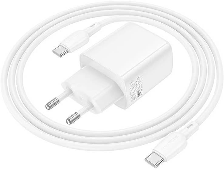 Borofone laidinis įkroviklis BN28 Fuente – Type C – PD 30W su Type C į Type C kabeliu baltos spalvos