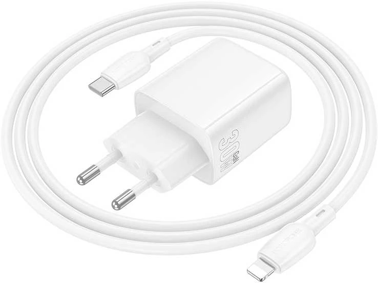 Borofone laidinis įkroviklis BN29 Fuente - USB + Type C - QC 3.0 PD 30W su Type C į Lightning kabeliu baltos spalvos