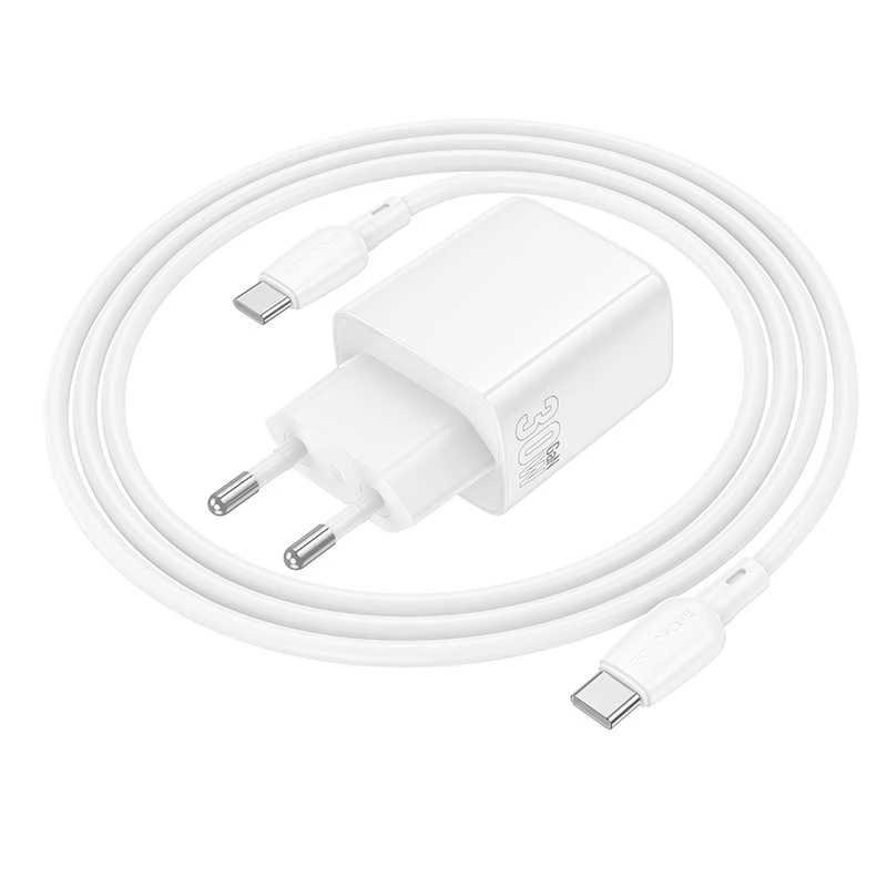 Borofone laidinis įkroviklis BN29 Fuente – USB + Type C – QC 3.0 PD 30W su Type C į Type C kabeliu baltos spalvos