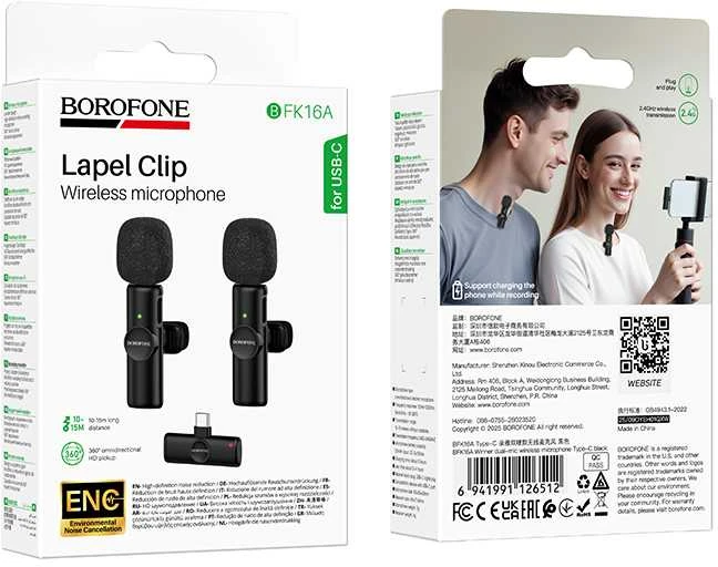 „Borofone Lavalier“ belaidis mikrofonas BFK16A Winner C tipo juodas – 2 vnt.