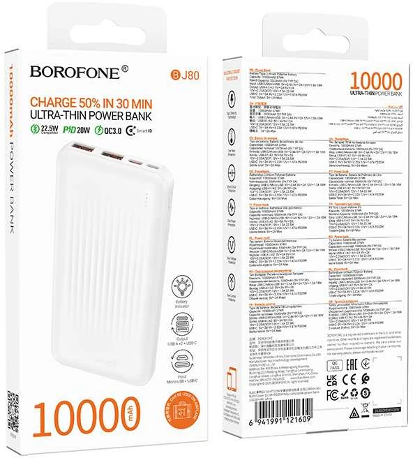 Oem Borofone Power Bank 10000mAh BJ80 Clever – 2xUSB + Type C – QC 3.0 22,5W PD 20W baltos spalvos