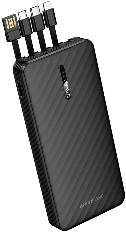 „Borofone“ išorinė baterija 10000mAh BJ84 Smooth – USB – su USB, C tipo, „Lightning“ ir „Micro USB“ laidais, juodos spalvos