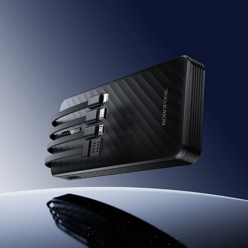 „Borofone“ išorinė baterija 10000mAh BJ84 Smooth – USB – su USB, C tipo, „Lightning“ ir „Micro USB“ laidais, juodos spalvos