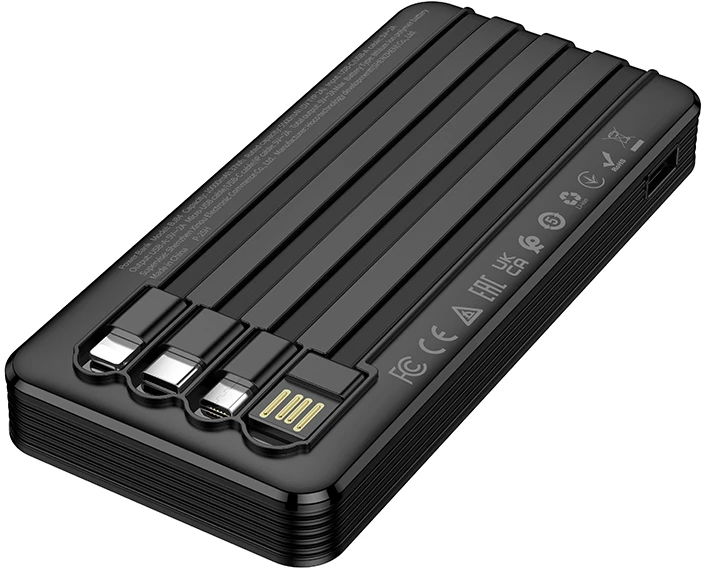 „Borofone“ išorinė baterija 10000mAh BJ84 Smooth – USB – su USB, C tipo, „Lightning“ ir „Micro USB“ laidais, juodos spalvos