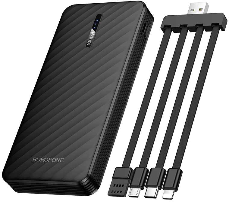 „Borofone“ išorinė baterija 10000mAh BJ84 Smooth – USB – su USB, C tipo, „Lightning“ ir „Micro USB“ laidais, juodos spalvos