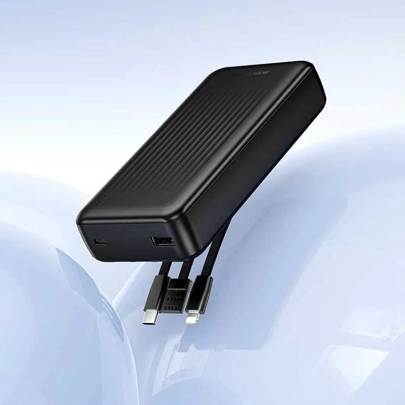 Oem „Borofone“ išorinė baterija 20000mAh BJ79A „Clever“ – USB – su C tipo ir „Lightning“ laidais, juodos spalvos
