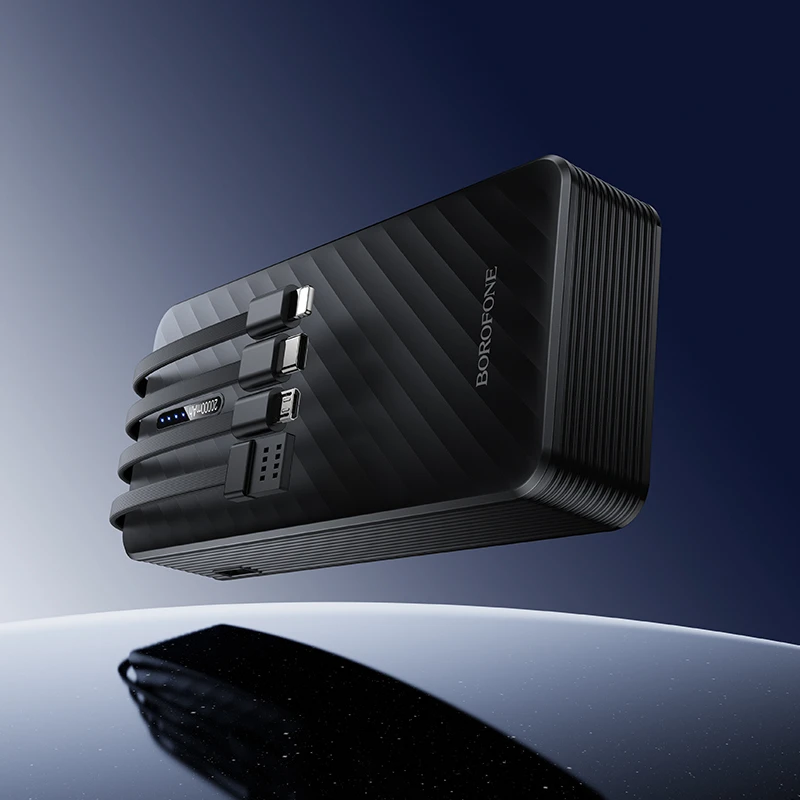„Borofone“ išorinė baterija 20000mAh BJ84A Smooth – USB – su USB, C tipo, „Lightning“ ir „Micro USB“ laidais, juodos spalvos